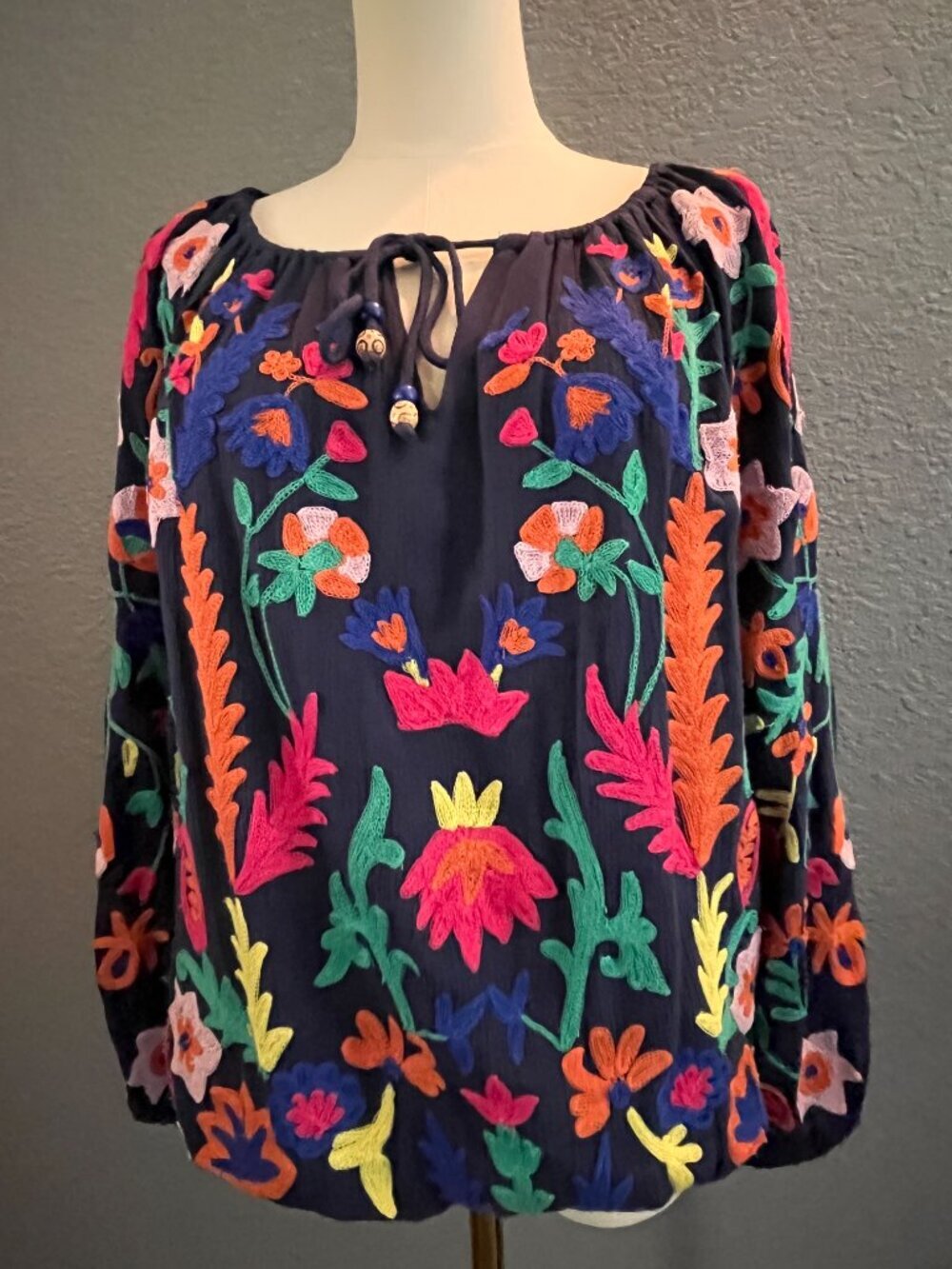 Soft Surroundings Banjara Navy Embroidered Boho Peasant Blouse Top -EUC - Size S